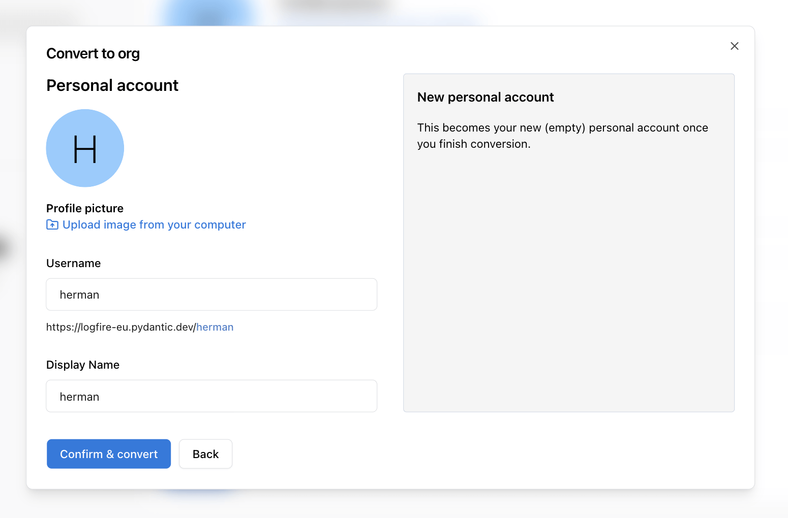 Confirm new personal account modal